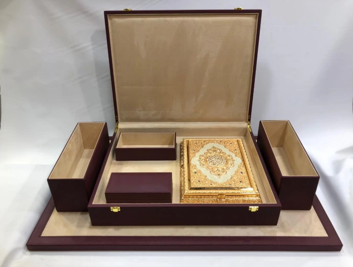 Luxury Maher organizer set with a rich maroon exterior and soft suede interior, featuring dedicated spaces for the Quran, cash money, and accessories. Specially crafted only on custom order.