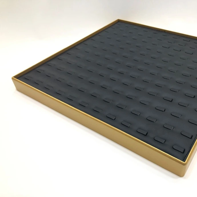 Luxury MDF ring tray finished in gold rexine with black rexine ring holders, offering a sophisticated and eye-catching display.