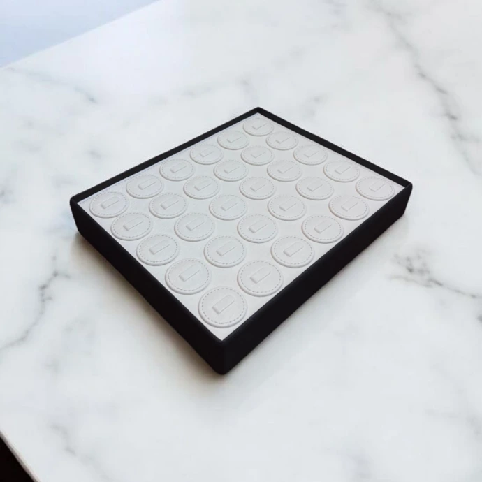 Premium MDF ring tray covered in brown rexine with white rexine ring holders, offering an elegant and professional jewellery display.