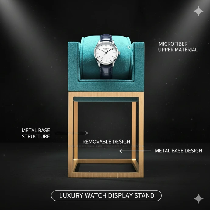 Elegant watch stand crafted with premium microfiber for a soft and luxurious finish, paired with a sturdy metal base for a modern and stylish display. Perfect for showcasing watches beautifully and securely.